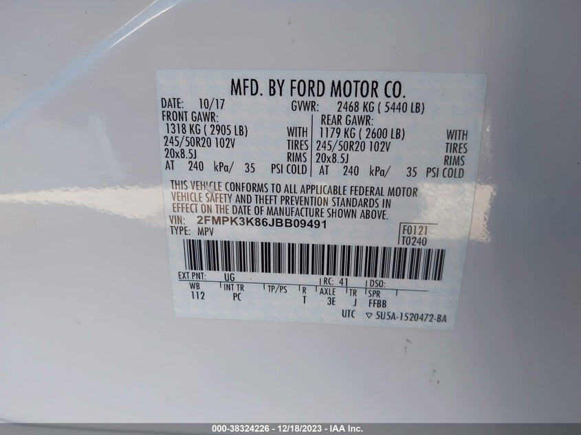 VIN 2FMPK3K86JBB09491 2018 FORD EDGE TITANIUM