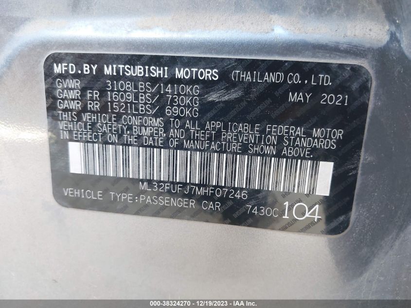 2021 MITSUBISHI MIRAGE G4 CARBONITE EDITION/ES/LE - ML32FUFJ7MHF07246
