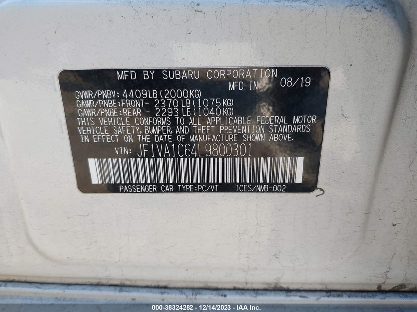 VIN JF1VA1C64L9800301 2020 SUBARU WRX PREMIUM
