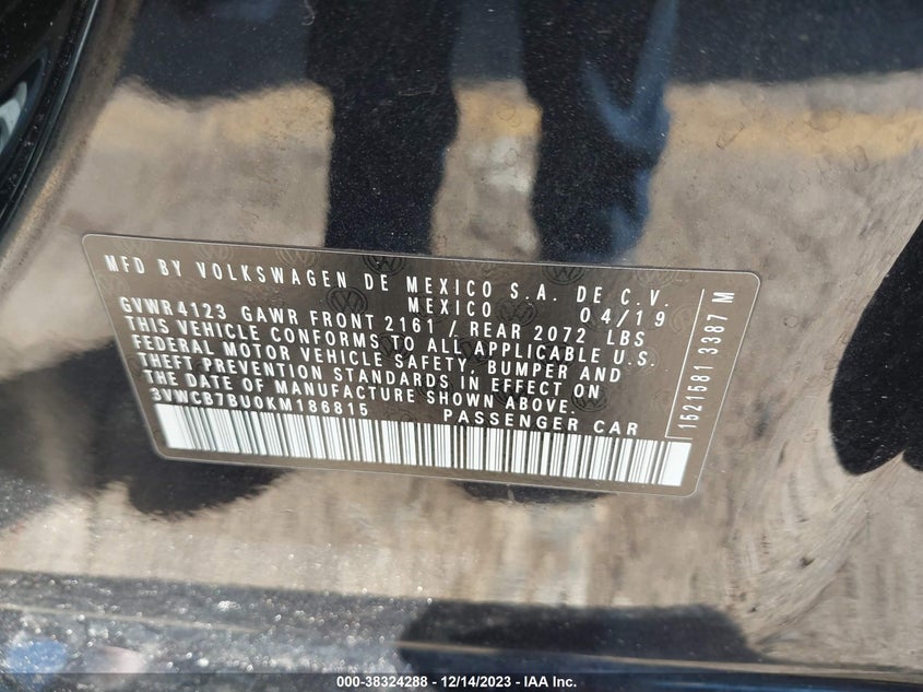 VIN 3VWCB7BU0KM186815 2019 VOLKSWAGEN JETTA 1.4T R-LINE/1.4T S/1.4T SE