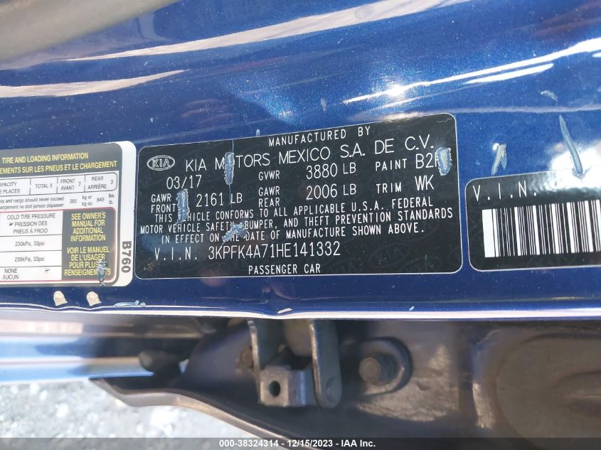 2017 KIA FORTE LX - 3KPFK4A71HE141332
