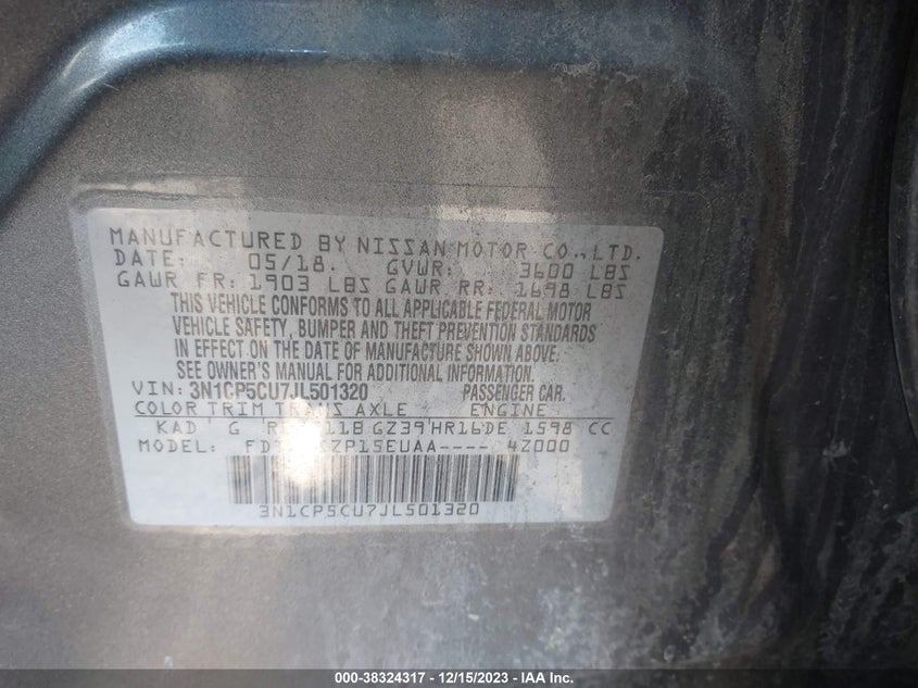 VIN 3N1CP5CU7JL501320 2018 NISSAN KICKS S/SR/SV
