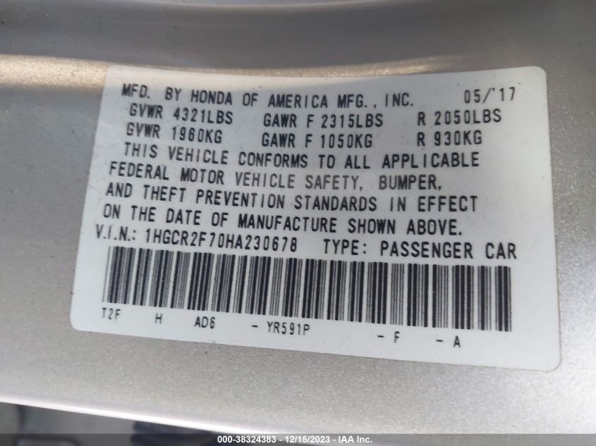 2017 HONDA ACCORD EX - 1HGCR2F70HA230678
