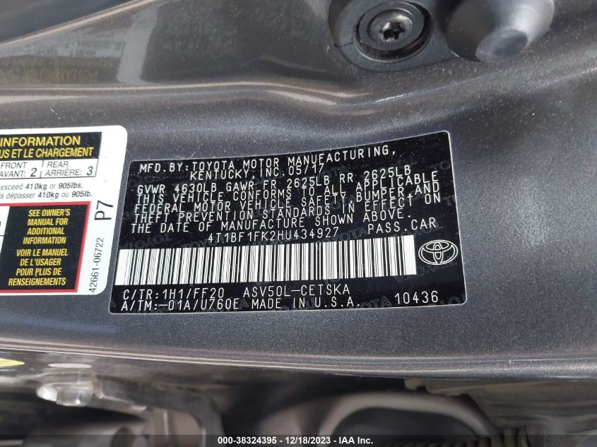 2017 TOYOTA CAMRY LE/XLE/SE/XSE - 4T1BF1FK2HU434927