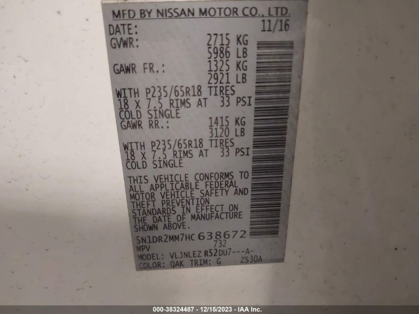 VIN 5N1DR2MM7HC638672 2017 NISSAN PATHFINDER SV