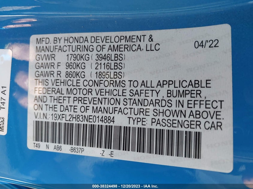 VIN 19XFL2H83NE014884 2022 HONDA CIVIC SPORT