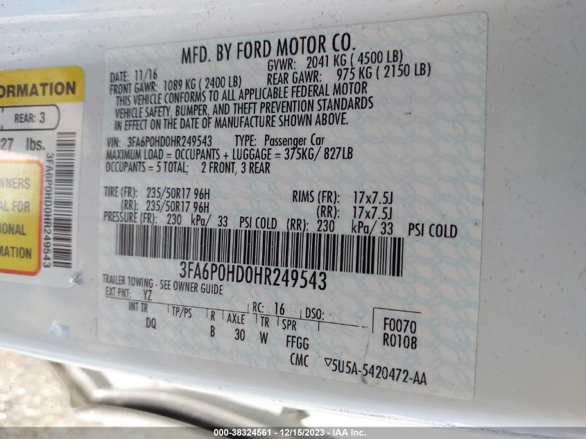 2017 FORD FUSION SE - 3FA6P0HD0HR249543