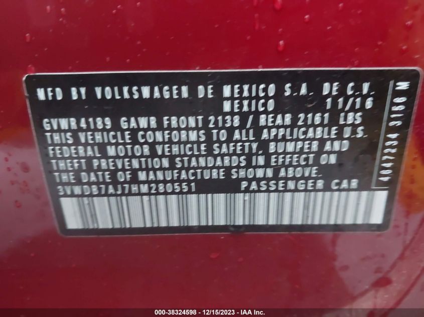 2017 VOLKSWAGEN JETTA 1.4T SE - 3VWDB7AJ7HM280551