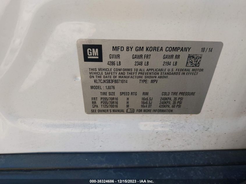 2015 CHEVROLET TRAX 1LS - KL7CJKSB3FB071014