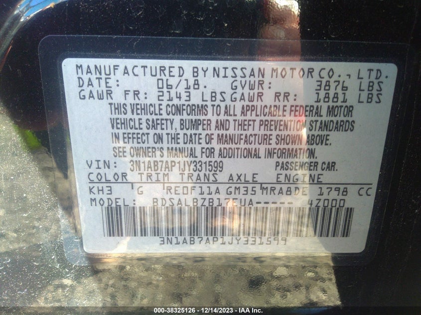 VIN 3N1AB7AP1JY331599 2018 NISSAN SENTRA S