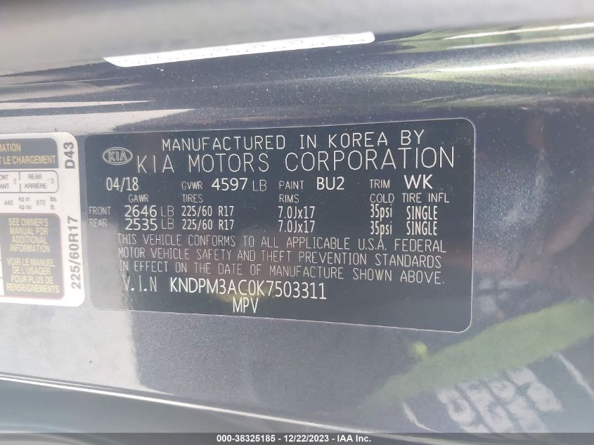 2019 KIA SPORTAGE LX - KNDPM3AC0K7503311