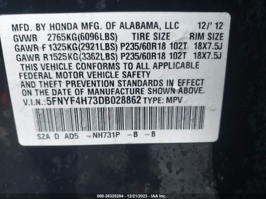 2013 HONDA PILOT EX-L - 5FNYF4H73DB028862