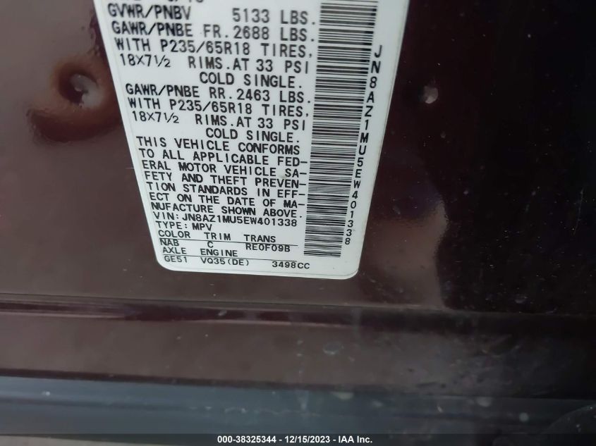 2014 NISSAN MURANO SL - JN8AZ1MU5EW401338