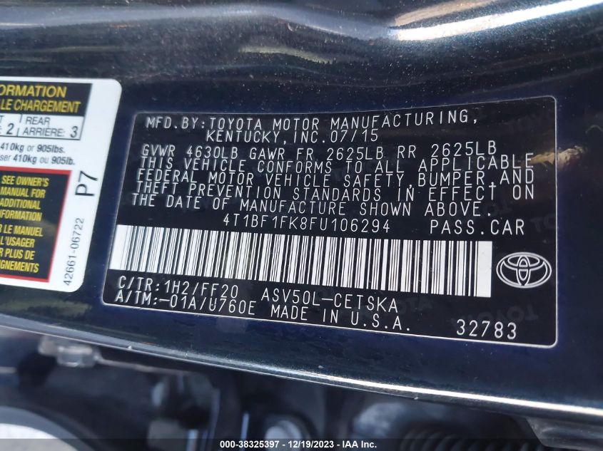 2015 TOYOTA CAMRY SE - 4T1BF1FK8FU106294