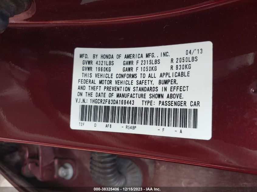 2013 HONDA ACCORD EXL - 1HGCR2F83DA169443