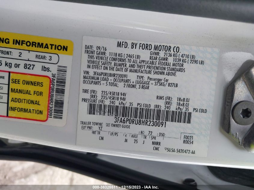 2017 FORD FUSION HYBRID TITANIUM - 3FA6P0RU8HR230091