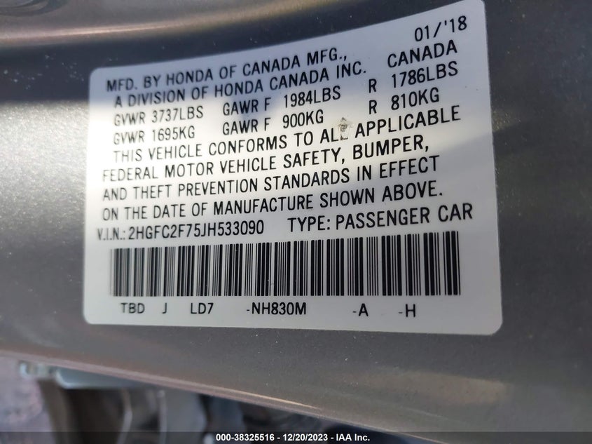 VIN 2HGFC2F75JH533090 2018 HONDA CIVIC EX