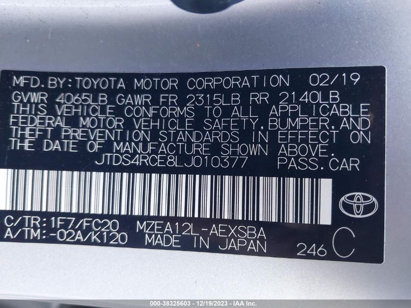 2020 TOYOTA COROLLA SE/NIGHT SHADE - JTDS4RCE8LJ010377