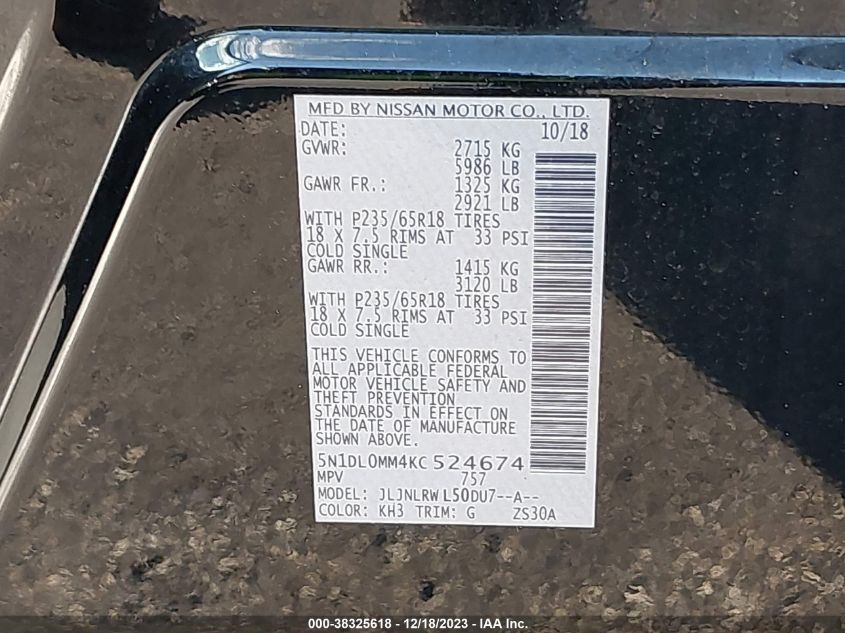 2019 INFINITI QX60 LUXE/PURE - 5N1DL0MM4KC524674