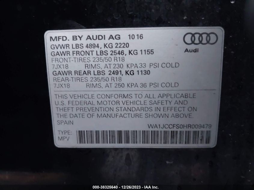 2017 AUDI Q3 2.0T PREMIUM - WA1JCCFS0HR009479