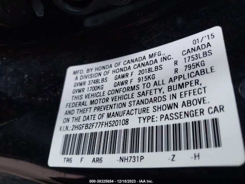 2015 HONDA CIVIC SE - 2HGFB2F77FH520108