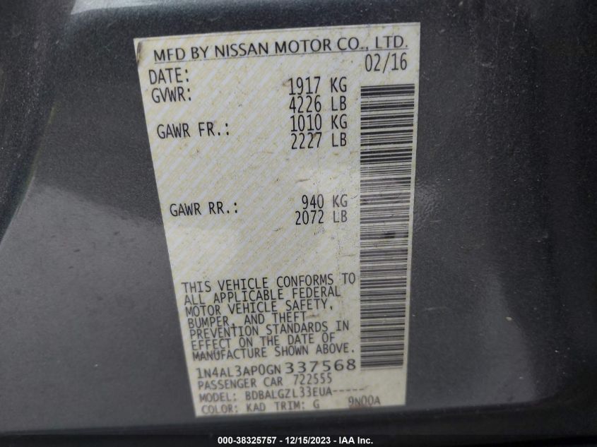 2016 NISSAN ALTIMA 2.5/S/SV/SL/SR - 1N4AL3AP0GN337568