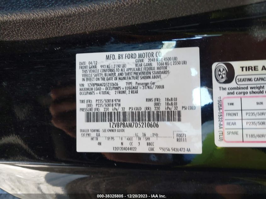 2013 FORD MUSTANG V6 PREMIUM - 1ZVBP8AM7D5210606
