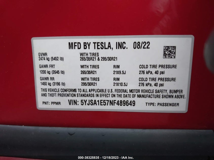 VIN 5YJSA1E57NF489649 2022 TESLA MODEL S