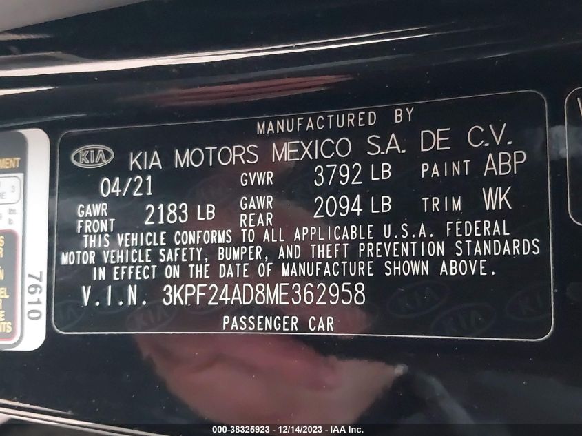 2021 KIA FORTE LXS - 3KPF24AD8ME362958