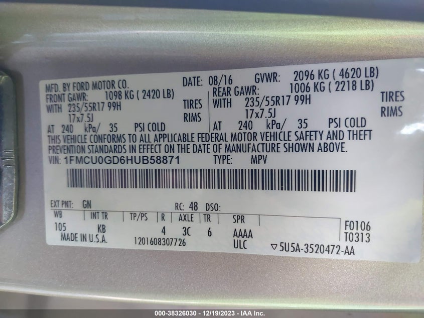 VIN 1FMCU0GD6HUB58871 2017 FORD ESCAPE SE