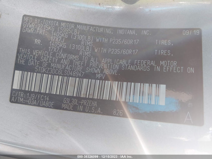 VIN 5TDKZ3DC6LS048947 2020 TOYOTA SIENNA LE