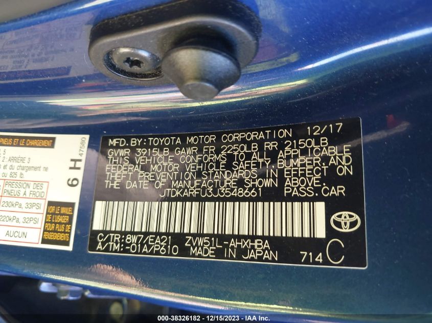 2018 TOYOTA PRIUS - JTDKARFU3J3548661