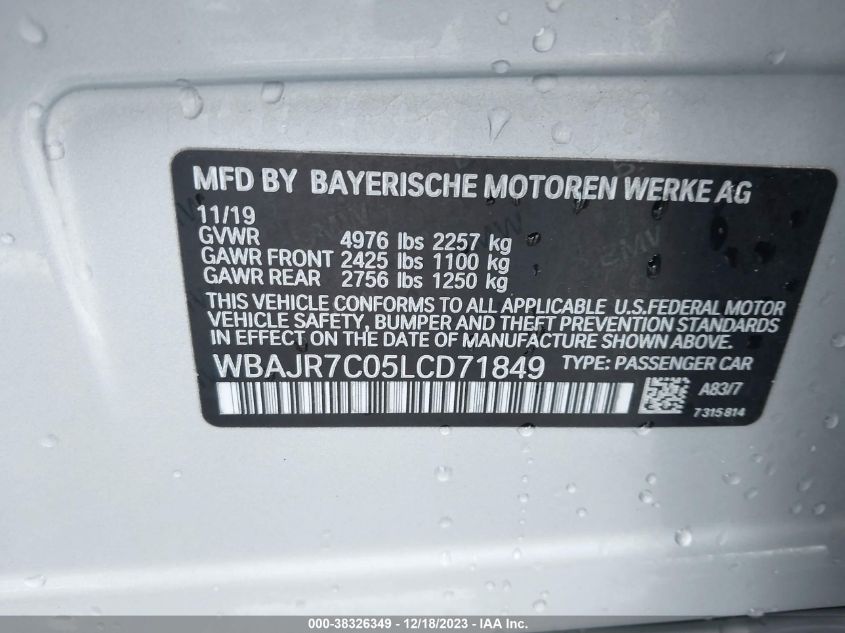 2020 BMW 530I XDRIVE WBAJR7C05LCD71849