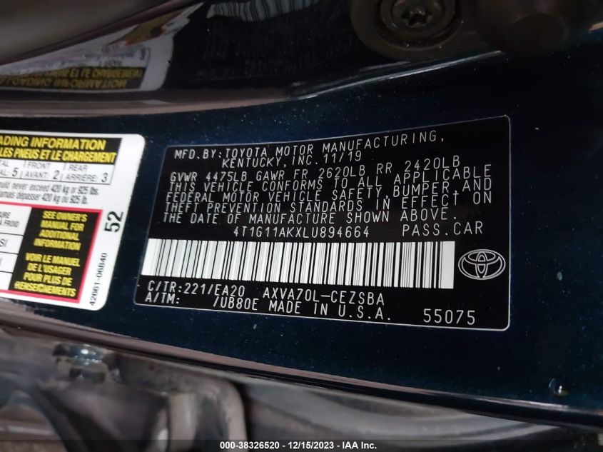 2020 TOYOTA CAMRY SE/SE NIGHT SHADE - 4T1G11AKXLU894664