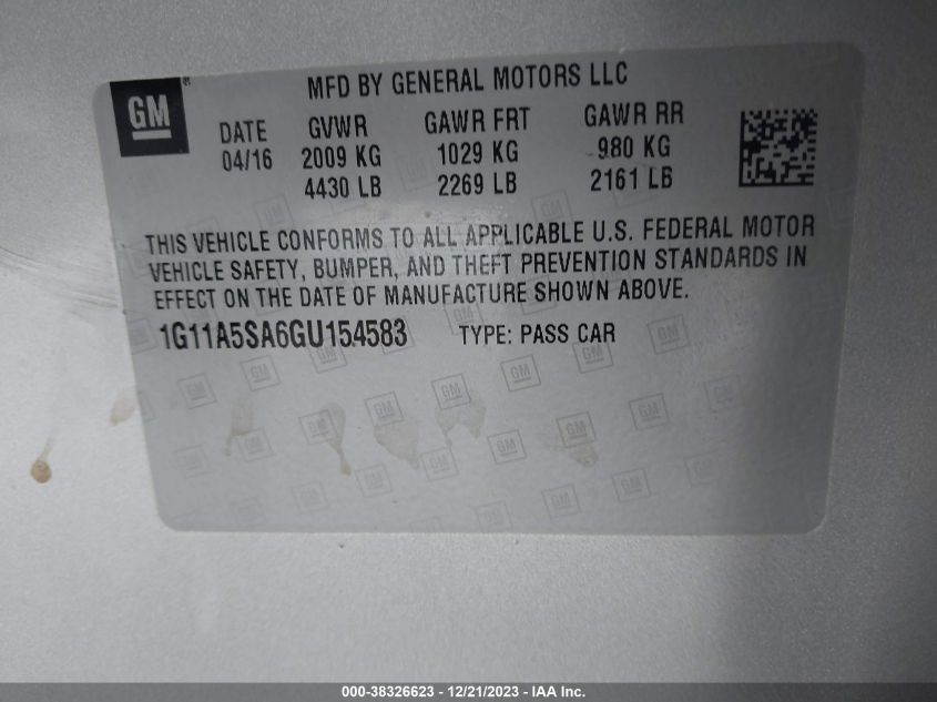 2016 CHEVROLET MALIBU LIMITED 1FL - 1G11A5SA6GU154583