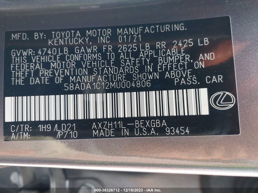 VIN 58ADA1C12MU004806 2021 LEXUS ES 300H