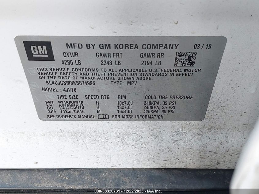 2019 BUICK ENCORE FWD ESSENCE - KL4CJCSM8KB874996