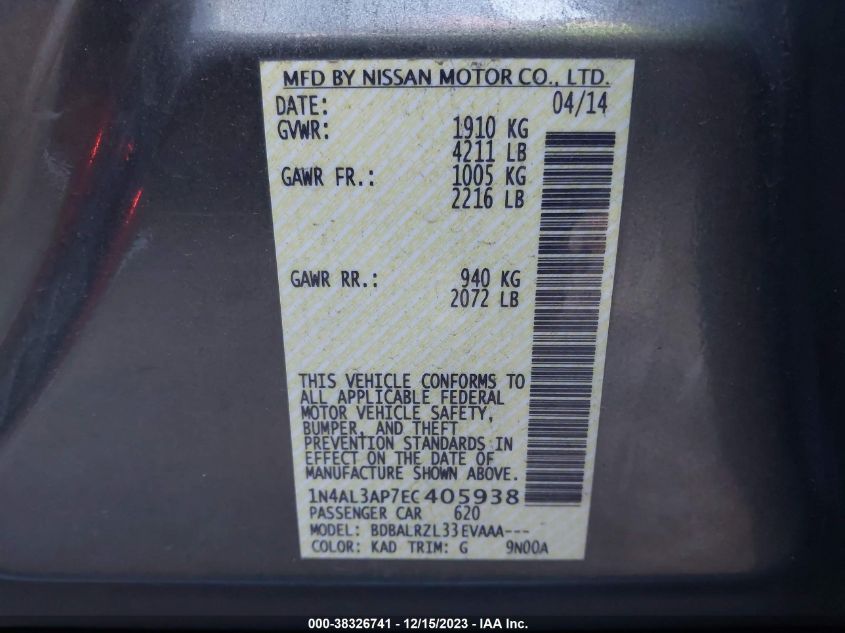 2014 NISSAN ALTIMA 2.5/2.5 S/2.5 SL/2.5 SV - 1N4AL3AP7EC405938