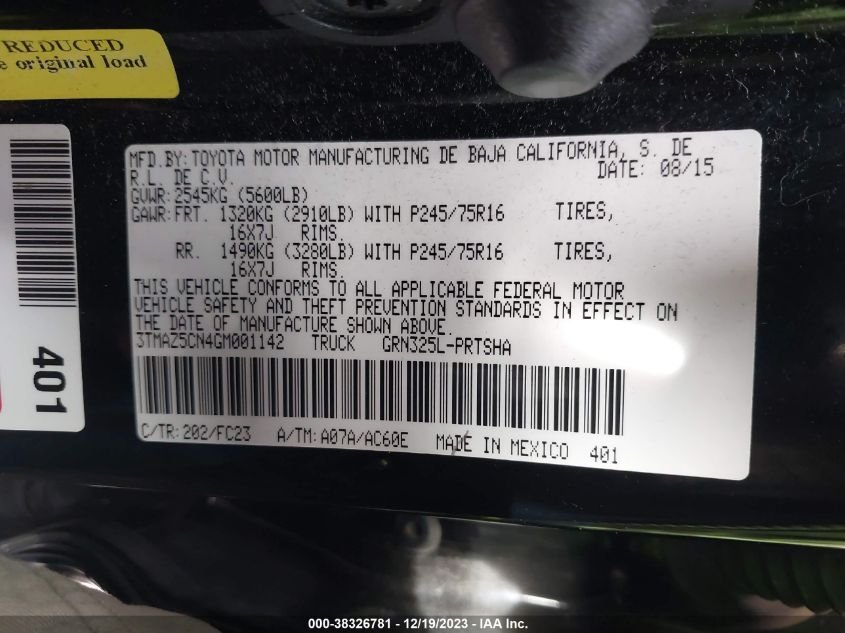 2016 TOYOTA TACOMA DBL CAB/SR5/TRD SPORT/OR - 3TMAZ5CN4GM001142
