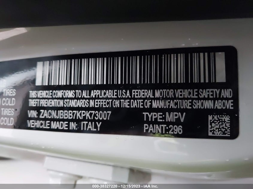 VIN ZACNJBBB7KPK73007 2019 JEEP RENEGADE LATITUDE