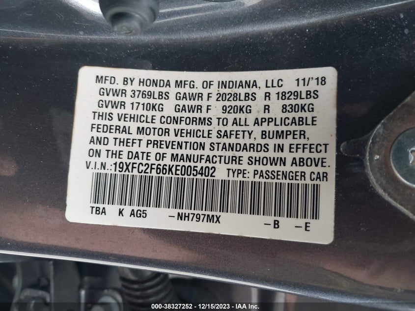 VIN 19XFC2F66KE005402 2019 HONDA CIVIC LX