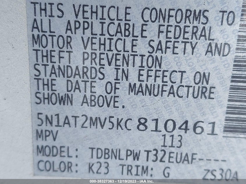 VIN 5N1AT2MV5KC810461 2019 NISSAN ROGUE S