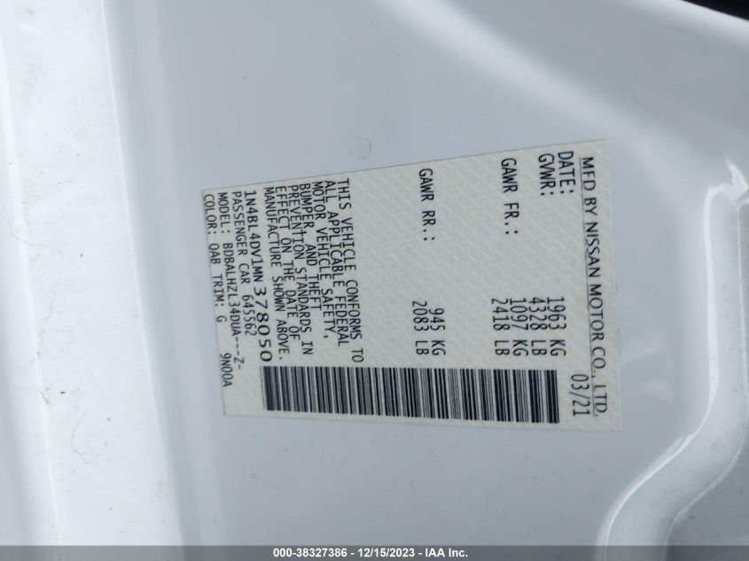 2021 NISSAN ALTIMA SV FWD - 1N4BL4DV1MN378050