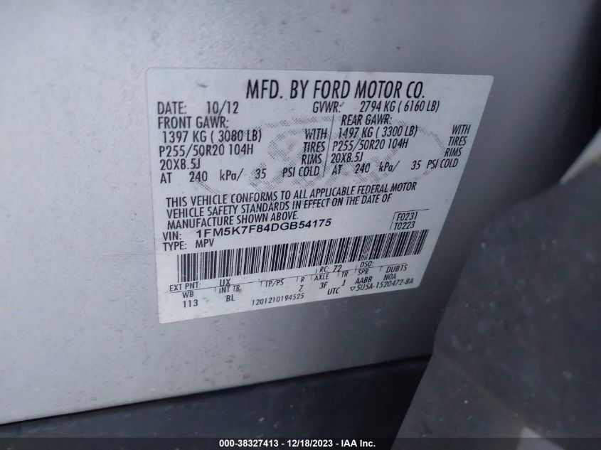 2013 FORD EXPLORER LIMITED - 1FM5K7F84DGB54175