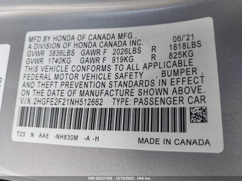 2022 HONDA CIVIC LX - 2HGFE2F21NH512662