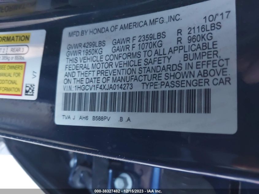 2018 HONDA ACCORD EX - 1HGCV1F4XJA014273