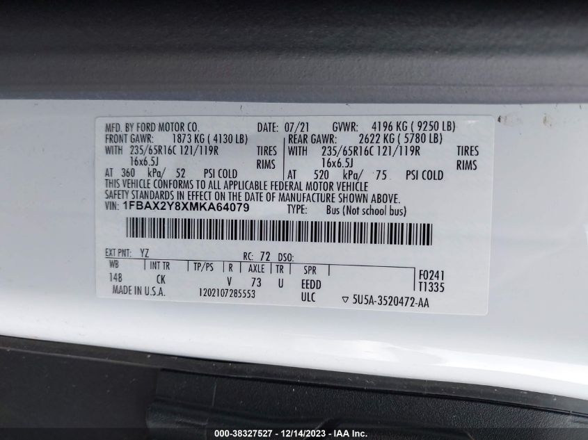 2021 FORD TRANSIT-350 PASSENGER VAN XLT - 1FBAX2Y8XMKA64079