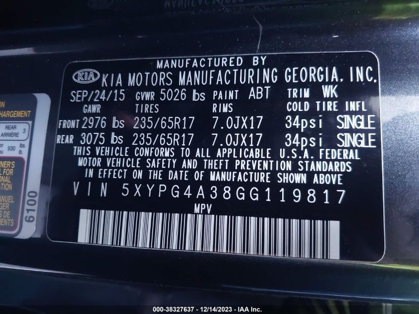 2016 KIA SORENTO 2.4L LX - 5XYPG4A38GG119817