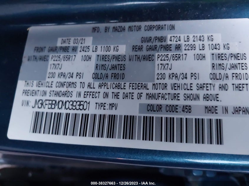 VIN JM3KFBBM0M0393501 2021 MAZDA CX-5 SPORT