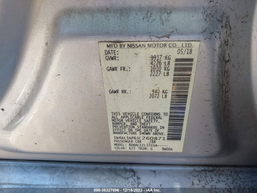 VIN 1N4AL3AP6JC260871 2018 NISSAN ALTIMA 2.5/S/SV/SL/SR